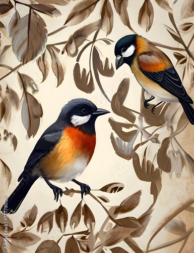 Painting with birds that sit in the leaves, art drawing on a textured background, photo wallpaper as a picture Generative AI