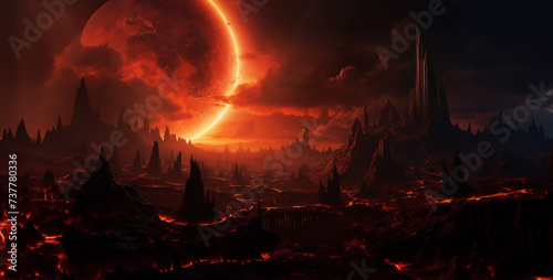 Fantasy alien planet. Mountain and moon. 3D illustration.Fantasy landscape with red planet. 3d rendering. Computer digital drawing.