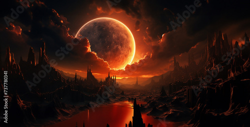 Fantasy alien planet. Mountain and moon. 3D illustration.Fantasy landscape with red planet. 3d rendering. Computer digital drawing.