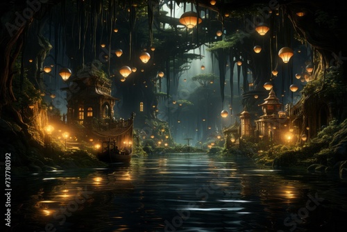 a river in the middle of a forest with lanterns hanging from the trees