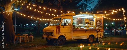 A lively food truck dazzles in the night, illuminated by the warm glow of string lights, creating a vibrant and inviting ambiance. © Andrey