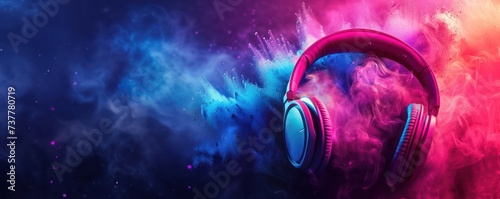 World Music Day banner. Headphones on dynamic colorful background with musical instruments.