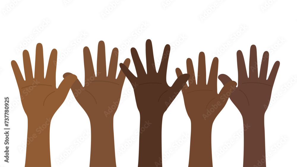 Flat vector illustration of people with dark skin tone raising their hands. Black history month and Juneteenth concept.	