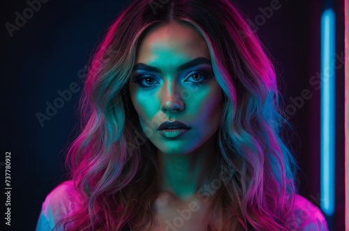 Stylish woman with bold makeup posing in neon lighting