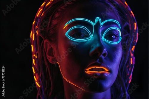 a head of the diverse lady lit with colorful neon light isolated on black background
