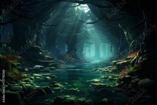 there is a river in the middle of a dark forest