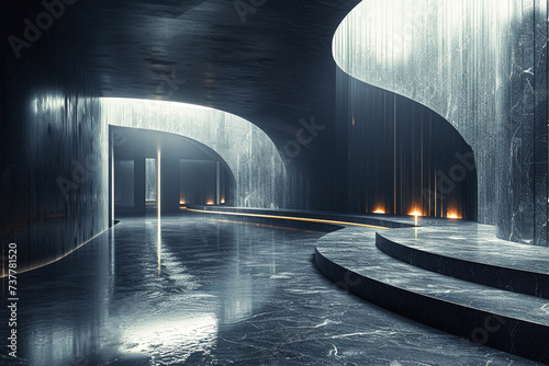 Modern Architectural Design Featuring Curved Structures and Water Elements in a Dimly Lit Space