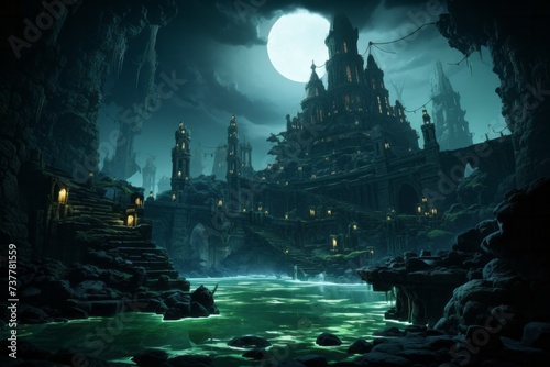A castle perched in a cave by a river under the moonlit sky