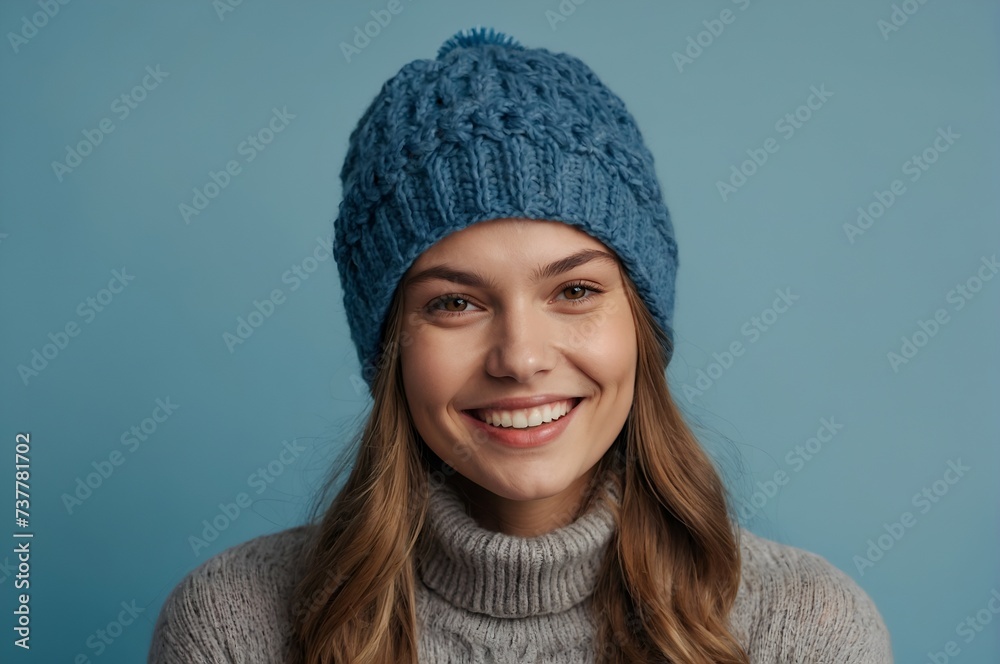 Portrait of a young smiling woman in knitted fashionable hat isolated on a flat blue background Portrait of a young smiling woman in knitted fashionable hat isolated on a flat blue background