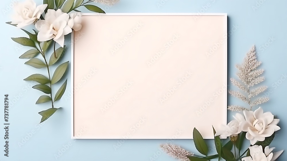 Blank Invitation Card with Floral Decorated Border on Blue Background, Minimalist Design, Copy Space for Text, Birthday, Anniversary, Mother's Day, New Year, Wishes Blank Invitation Card with Floral Decorated Border on Blue Background, Minimalist Design, Copy Space for Text, Birthday, Anniversary, Mother's Day, New Year, Wishes