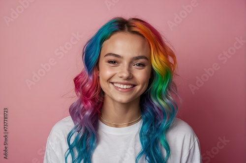 Young beautiful smiling happy woman with rainbow colored wavy hair isolated on flat pink background