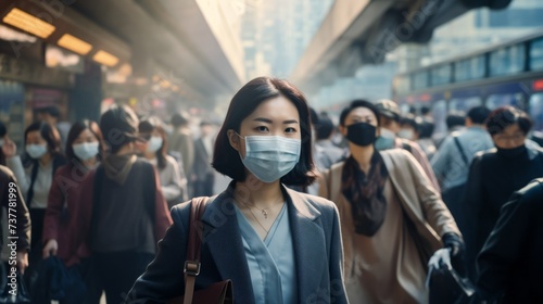 An Asian woman wearing a medical mask hurries to public transport amid a crowd of people during rush hour. Epidemic of a dangerous virus, Air pollution concepts. photo