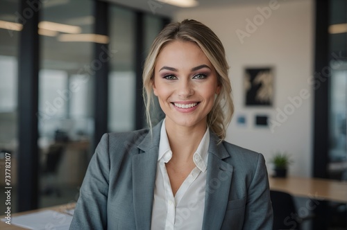 A beautiful young business woman with makeup, smiling at her office
