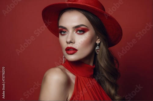 A beautiful woman with red dress and hat, with hot red makeup, on a red background