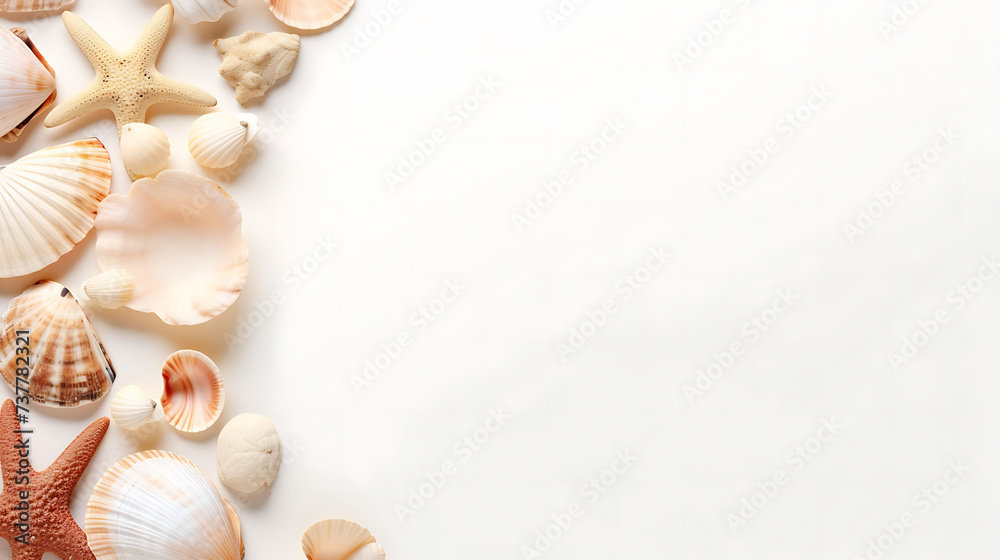 Sea Shell Collection on Minimalist White Background, copy space for text Sea Shell Collection on Minimalist White Background, copy space for text