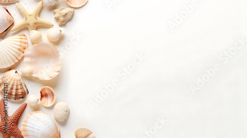 Sea Shell Collection on Minimalist White Background, copy space for text