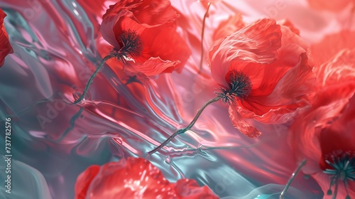 Dance through a ballet of solid twilight crimson poppies against the wet,solid and broken earth, their delicate movements captured in extreme macro shots. photo