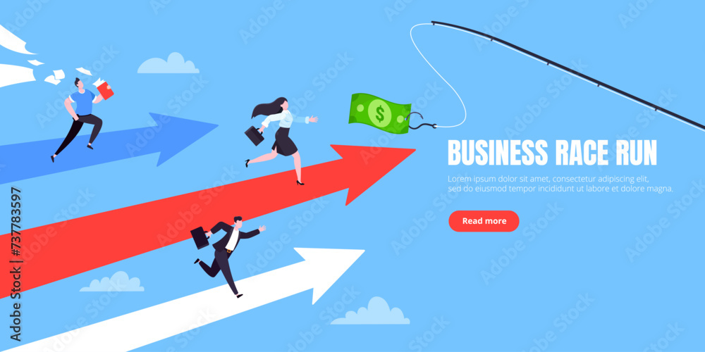 Business career competition with man and woman business persons running flat style design vector illustration concept. Leadership race employee competition with achieving success award.