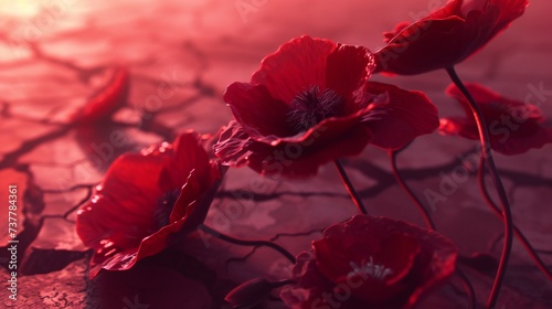 Immerse in the serenity of burgundy poppies against the dry and broken earth, their details revealed in macro close-ups. photo