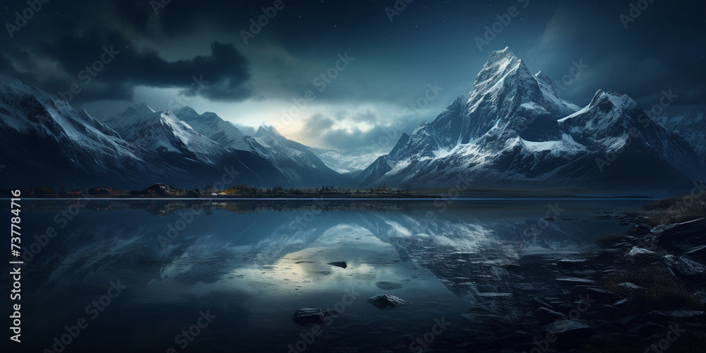 A Majestic Night Sky Overlooking a Tranquil Lake and Towering Mountains