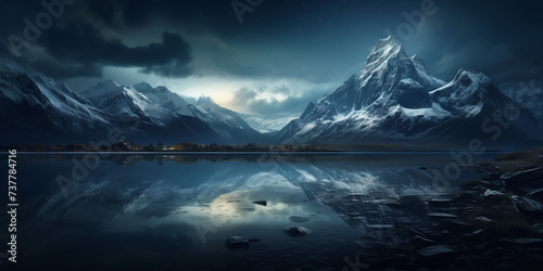 A Majestic Night Sky Overlooking a Tranquil Lake and Towering Mountains photo