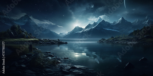 A night sky with a lake and mountains in the background.