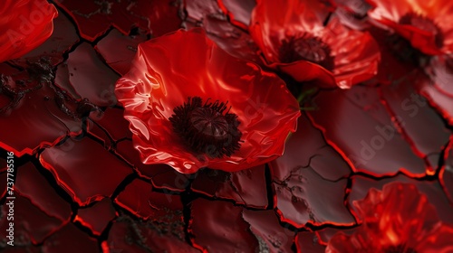 the dark brown, cracky and solid broken earth into a vibrant canvas adorned with vermilion poppies, each stroke captured in macro close-ups. photo