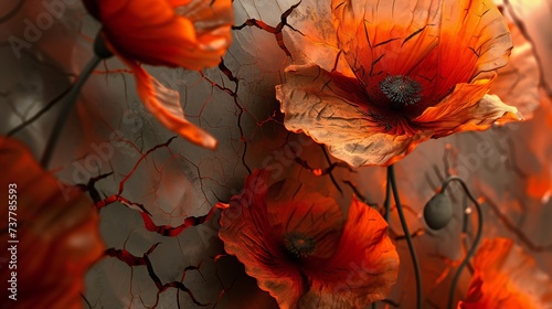 the dark brown, cracky and solid broken earth into a vibrant canvas adorned with vermilion poppies, each stroke captured in macro close-ups.