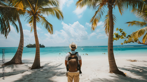 Palm trees sway on a tropical beach, casting shade on sunbathers enjoying the paradise coast
