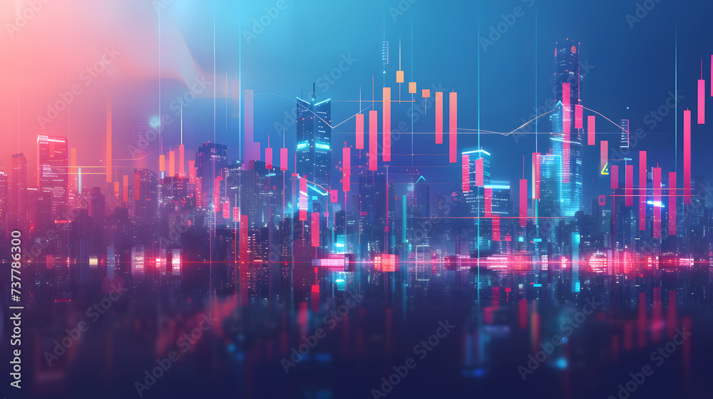Graphic illustration of a candlestick chart with a city backdrop.