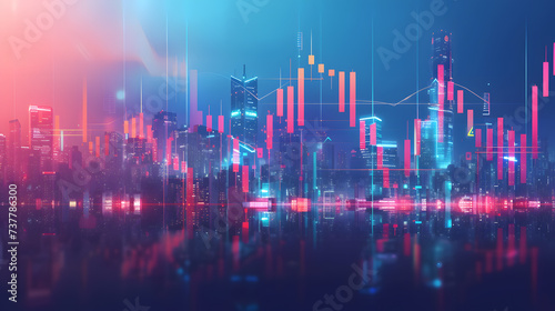 Graphic illustration of a candlestick chart with a city backdrop. © javu