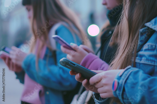 Close up of a group of young people using smartphone mobile phones together