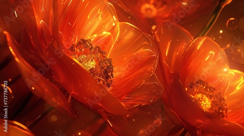 the golden hour whispers of solid scarlet poppies on the dark brown earth, unveiled in extreme macro close-ups. photo