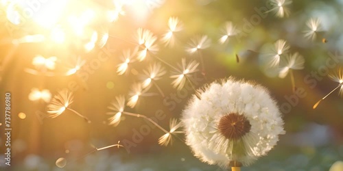 Dandelion with flying seeds in sunlight. photo