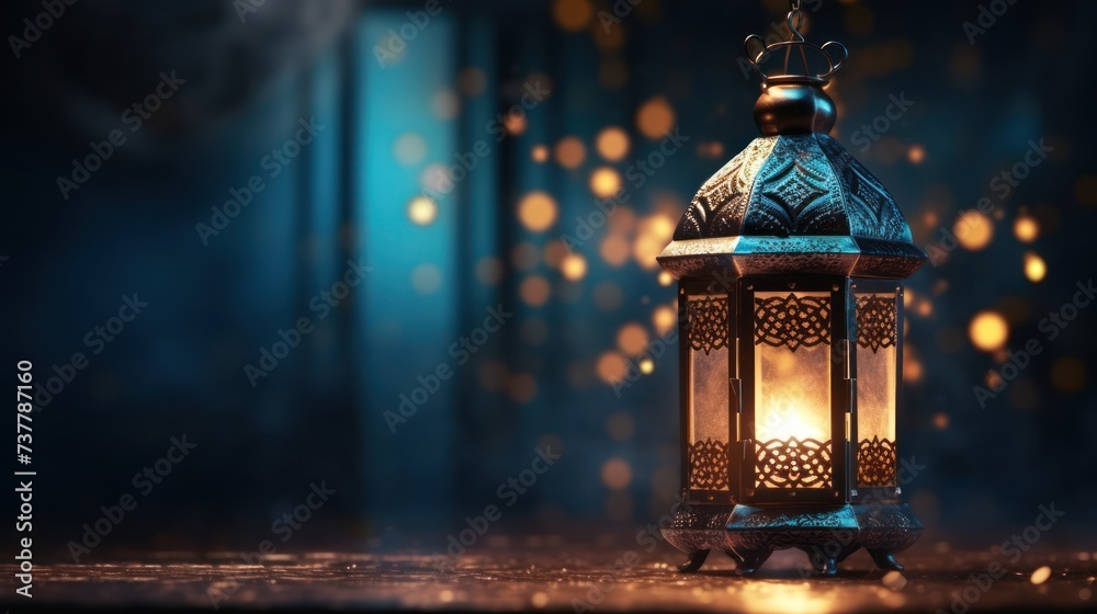 Arabic Decoration Ramadan Lantern on Wooden Table with Glistening Background
