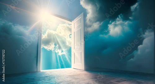 Open door to a bright future. The concept of hope and new opportunities. photo