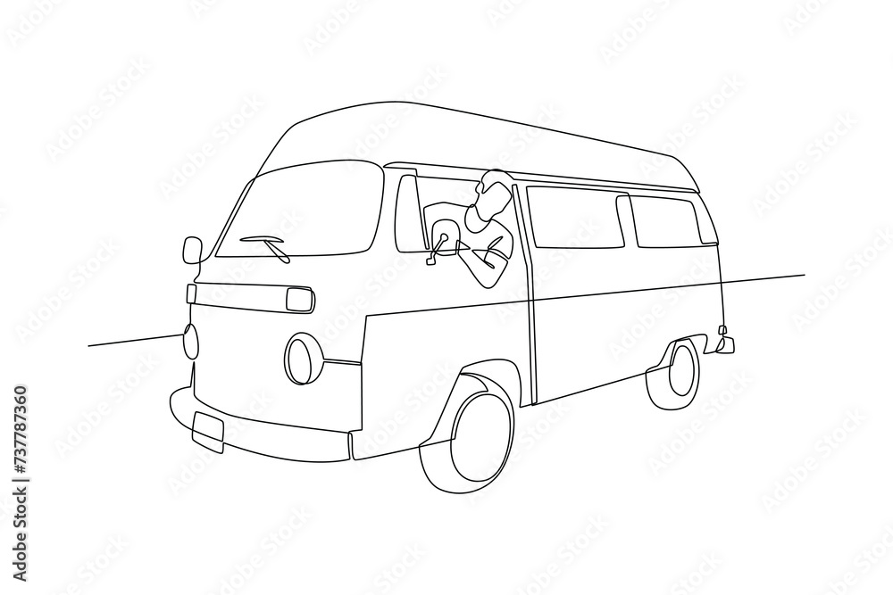 Continuous line drawing of traveling using classic car, Best Use for Sticker, editable icon. Simple line.
