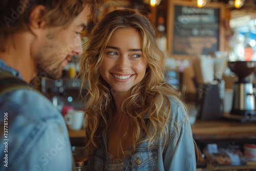 Smiling Woman with Blonde Curly Hair Pays for Coffee with Partner at Cash Register