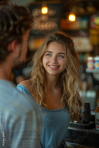 Smiling Woman with Blonde Curly Hair Pays for Coffee with Partner at Cash Register
