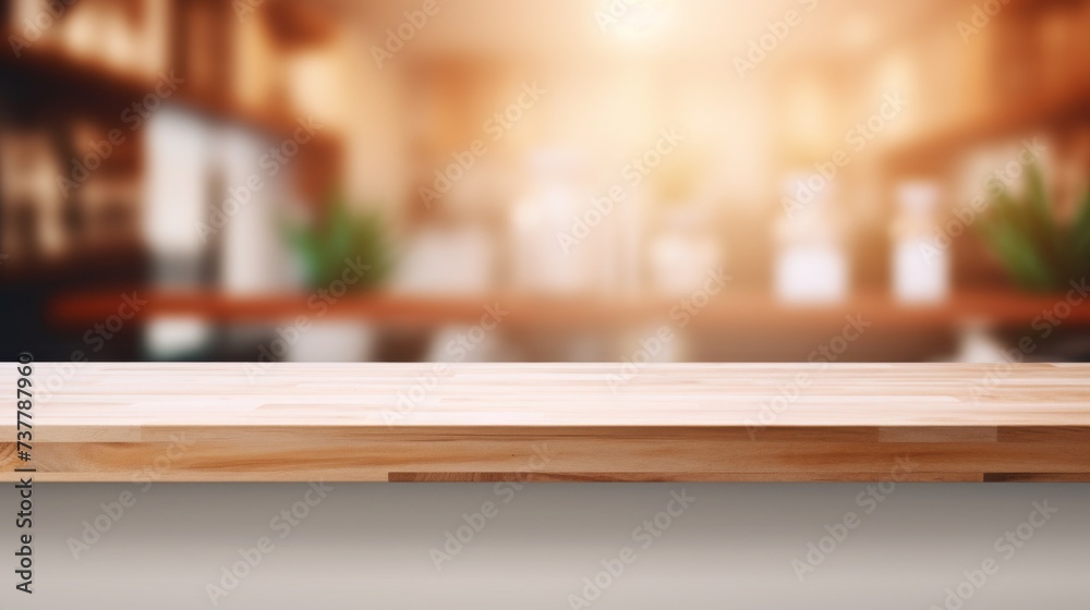 An empty wooden countertop against the blurred background of a pharmacy. Background for the presentation of pharmaceuticals, medicines, vitamins, dietary supplements, Cosmetic products.