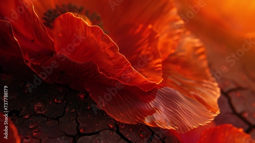 Unveil the enchantment of solid ember-hued poppy petals against the dark brown, cracky earth, captured in extreme macro close-up shots..