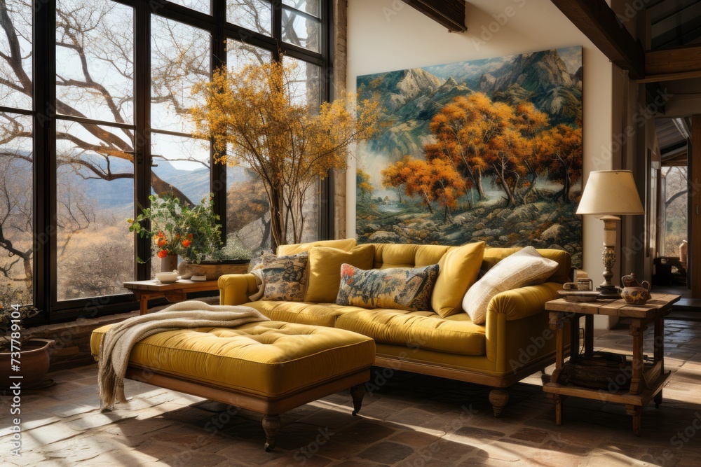 Interior design with yellow couch and ottoman, large windows in a living room