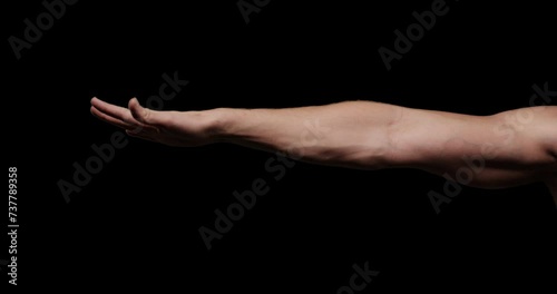 Hand gestures with alpha channel. Pre keyed. Muscular male hand waving someone away photo