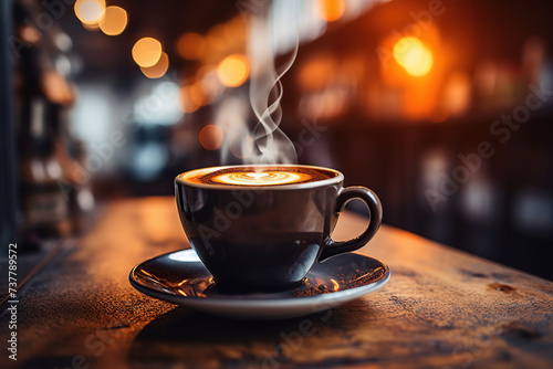 The captivating ambiance of a cafe with an image showcasing a perfectly brewed cup of coffee, the barista’s artistry through beautiful latte art, while the steam rises gracefully from the cup