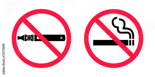 No smoking no vaping signs set. Forbidden sign icon isolated on white background vector illustration. Cigarette, vape and smoke and in prohibition circle.