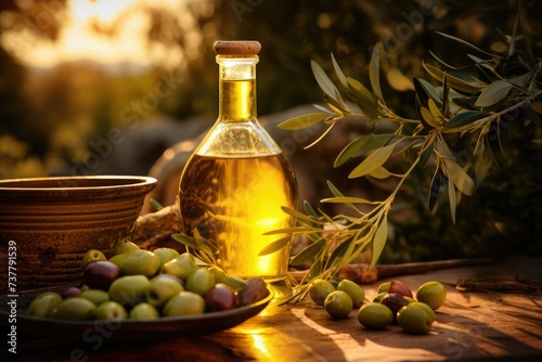 Freshly squeezed olive oil and olives, harvest olives and olive oil, olives and olive oil on the table, virgin olive oil