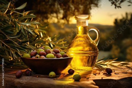 Freshly squeezed olive oil and olives  harvest olives and olive oil  olives and olive oil on the table  virgin olive oil