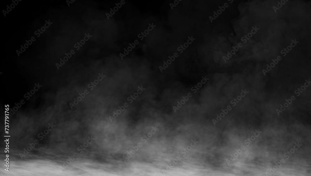 Abstract misty fog on isolated black background. Smoke stage studio. Texture overlays. The concept of aromatherapy. - obrazy, fototapety, plakaty 