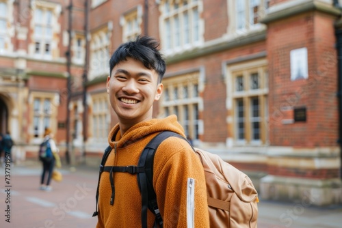Man With Backpack Standing in Front of University Campus Building. Generative AI.