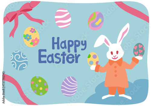 カラフルなイースターエッグを両手に持つイースターバニーにリボンをかけた背景